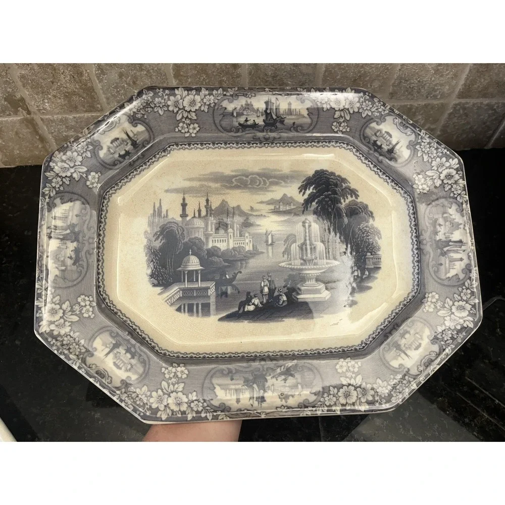 Antique 1840's Staffordshire J E & Co Medina Rare‎ Navy Blue Ironstone Platter